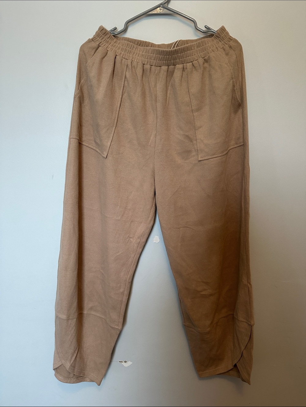 Relaxed Fit Women’s Cropped  Tan Elastic Waist Waffle Pants with Tulip Style Hem